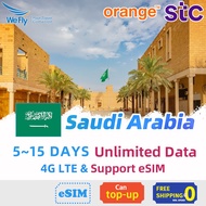 Wefly Saudi Arabia Sim card 5-15 Days UNLIMITED DATA 4G High Speed Prepaid sim card 4G Support eSIM for travel