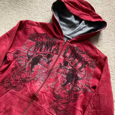 Y2K American Street Fashion Retro MMA Elite Zipper Hoodie Size Small Skull Wings Graphic Male Haraju