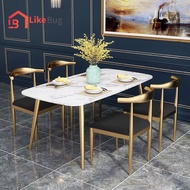 LIKE BUG: Eames Wooden Table with Marble Texture Table Top Gold Metal Frame Dining Set / 1 Table + 4 Chairs