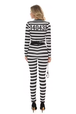 Women Classic Striped Prisoner Costume Adult Jail Inmate Jumpsuit Cosplay Halloween Costumes