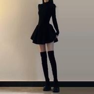 Princess Style Knitted Puffy Skirt Dress Womens Autumn Winter Long Sleeve High Waist Buxom Dress Bir