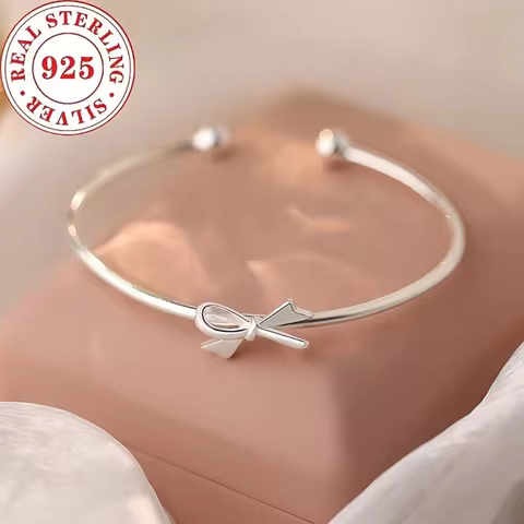 Charming 925 Sterling Silver Delicate Bow Bangle, Open Bangle, Fashionable Wedding Accessory Jewelry