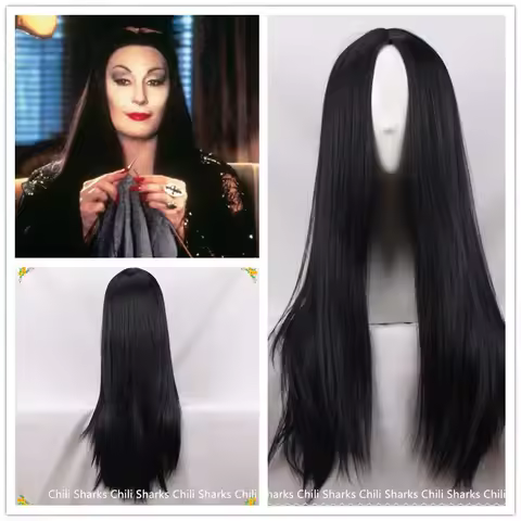 Halloween Women Addams Family Cosplay Wig Morticia Addams Wigs Black Long Straight Middle Part Synth