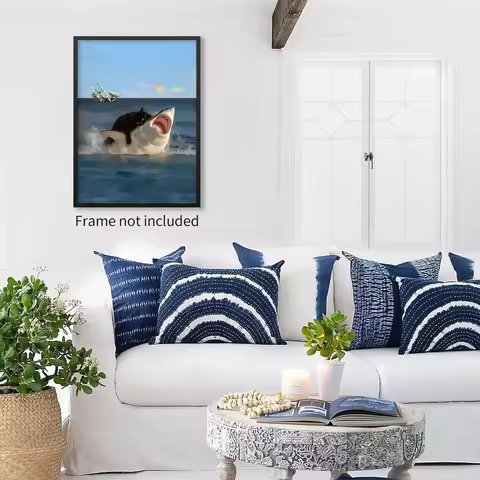 Modern Funny Fat Cat Vs. Shark Renaissance Canvas Wall Art Quirky Black Cat Animal Canvas Painting C