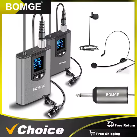 BOMGE Dual Wireless Microphone System Headset Mic/Stand Mic/Lavalier Lapel Mic with Rechargeable Bod