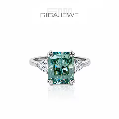 GIGAJEWE Moissanite Ring GIGAJEWE Moissanite 8X10mm 4.0ct Radiant Cut Natural Cyan S925 Silver Ring 