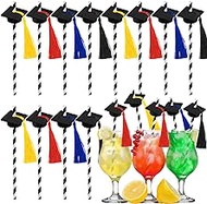 20Pcs Graduation Paper Straws with Grad Caps Grad Cap Diploma Disposable Bachelor Gown Black White Stripe Printed Drinking Straws Grad Party Supplies for Graduation Party Decoration