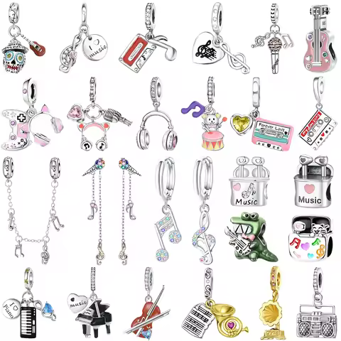 925 Sterling Silver Music Charms Beads Musical Note Piano Guitar Headset Earrings Pendants fit Brace