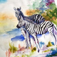 Two zebras artwork hand painted Watercolor painting on paper