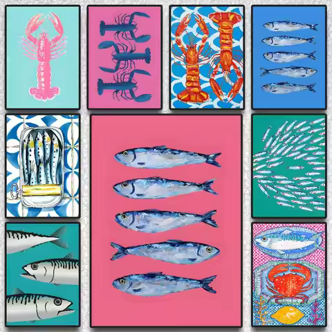 Colorful Sardine Lobster Fish Ocean Poster HD art sticky wall waterproof home living room bedroom ba