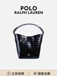Polo Ralph Lauren Witley水桶包肩背包黑色鱷魚紋壓花皮革耐磨百搭[平行進口]