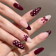 Red Polka Dot French Tip Press On Nails Almond - Medium Fake Nails With Bow Tie Design - Glossy Full