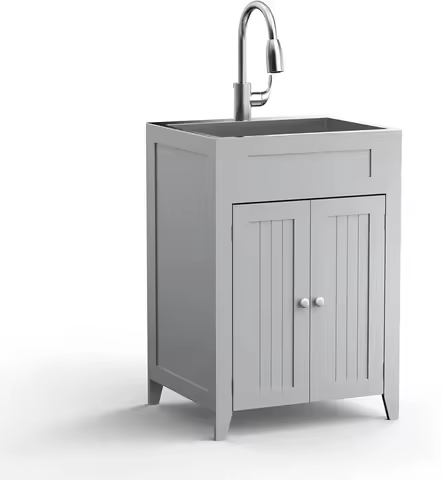 24-Inch Laundry Sink with Cabinet and Pull-Out Sprayer Faucet, Stainless Steel Utility Sink with Cab