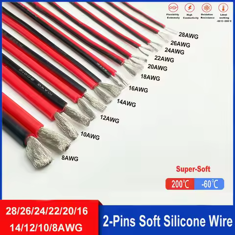 Super Soft 2 Pin Red and Black Silicone Cable 28awg 26awg 24 22 20 18 16 14 12awg 10awg 8awg High Te