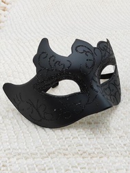 1個中性黑色手繪威尼斯面具，配有小角，非常適合多種節慶、派對、聚會、表演和狂歡派對