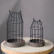 Rustic Iron Candle Holder Home Decor Creative Hollow Grid Candlestick Wooden Decoration Entrance Sof