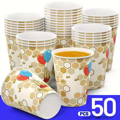 50pcs Winnie The Pooh Disposable Cup Set, Holiday Party Supplies Kit, Uncoated Paper Drinkware for B