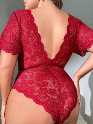 Body De Encaje Rojo De Talla Grande Para Mujeres, Lencería Sexy