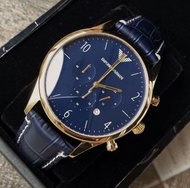 EMPORIO ARMANI 藍色錶面盤 藍色皮革錶帶 石英 三眼 男錶AR1862腕錶（阿瑪尼/亞曼尼）