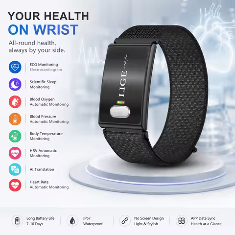LIGE New ECG+PPG Smart Bracelet Heart Rate Health Monitoring Thermometer HPV Test Reports Waterproof