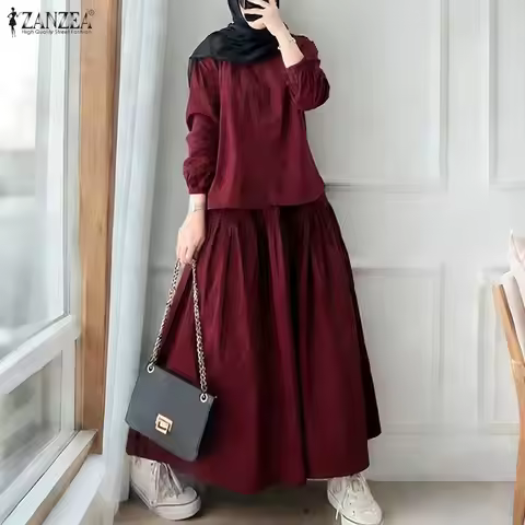 Women Muslim 2 Piece Sets 2026 ZANZEA Summer O Neck Long Sleeve Top Shirt Dress Sets Ramadan Outfit 