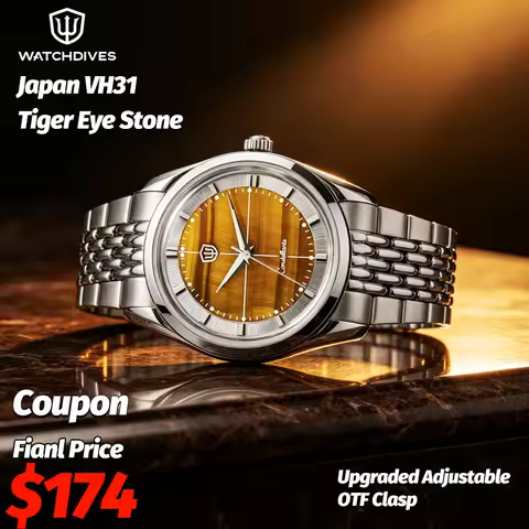 Watchdives WD1954 Men Watches Tiger Eye Stone Dial VH31 Sweep Quartz Watch Ar Sapphire Lumes BGW9 10
