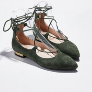 零碼【法式調情】繞踝綁帶尖頭金屬跟平底鞋_森林綠