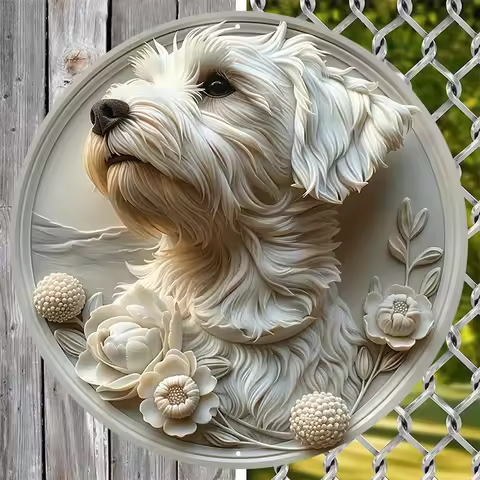 2D Flat West Highland White Terrier Round Metal Tin Sign - 3D Relief Floral Dog Themed Wall Decor, E