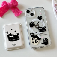 {Haojia phone case} เคสนิ่มแบบใสเคสลายแมวแมวดำน่ารักสไตล์เกาหลีสำหรับ Magsafe ชาร์จไร้สายได้สำหรับ i