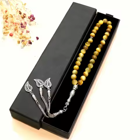 99 Tesbih Yellow natural tiger's eye stone Prayer Beads Silver Tasbaha 66 Tasbih Muslim Fashion jewe