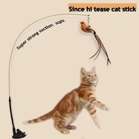 Simulated Bird Cat Toys Upgraded Epoxy Sucker Steel Wire Long Rod Feather Cat Teasing Stick Cat Self
