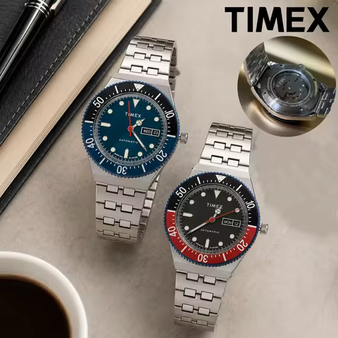 TIMEX Automatic Business Watch for Men, Red/Blue Brand Watches Rotating Bezel Stainless Steel Luxury