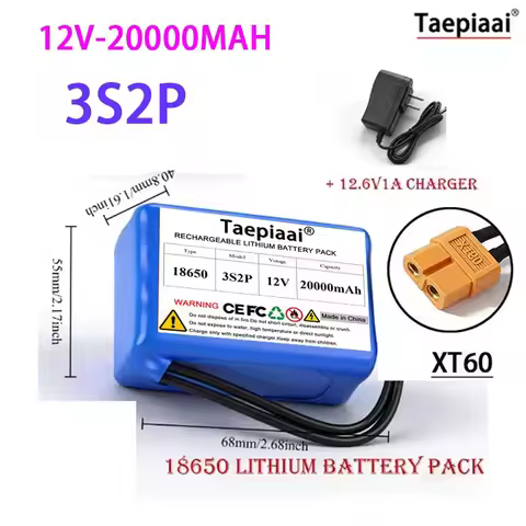 3S2P 18650 Li-Ion Battery Pack 12V 20Ah Built-in BMS Super Large Capacity Safe Reliable with 12.6V C