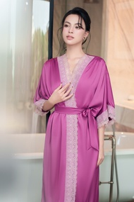 Emwear Áo Choàng Lụa Dài Tím Tay Phồng Pha Ren Cao Cấp Sang Trọng Cho Nữ - Penelope Robe