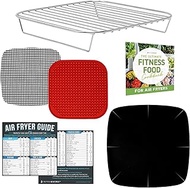 Air Fryer Accessories with Rack, Reusable Mats and Cheat Sheet Guides Compatible with Cosori, Instant Pot Vortex, Ninja Foodi, Ultrean + More - Stainless Steel Air Fryer Rack, Square 7.7 inches