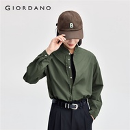 GIORDANO Women Shirts Tencel-Like Mandarin Collar Loose Shirts Ruffle Trims Long Sleeve Simple Fashi