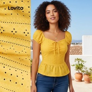 Lovito Blus Wanita Kasual Hollow Musim Semi/Panas L143AD747