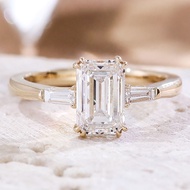 New Design 3 Stone Solid 14K Gold Lab Grown Diamond Engagement Ring 2CT Emerald Cut D VS Lab Diamond