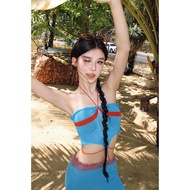 YOZO STUDIO Pure Desire สาวเผ็ดคอหน้าอก Contrast สีด้านบน Hollow Out Butt กระโปรงเสื้อถักชุด