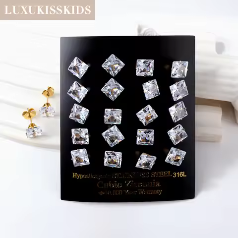 LUXUKISSKIDS 3-10mm 10pairs/Lots Clearly Stud Earrings For Women Men Square Zircon Stainless Steel E