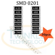 Resistor SMD 0201 6.2ohm,6.8ohm,620ohm,680ohm,6.2Kohm,6.8Kohm,62Kohm,68Kohm,620Kohm,680Kohm 5% 30 pc