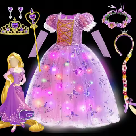 2026 Glowing Rapunzel Costume Girl LED Princess Ball Gown Christmas Light up Tangled Rapunzel Frock 