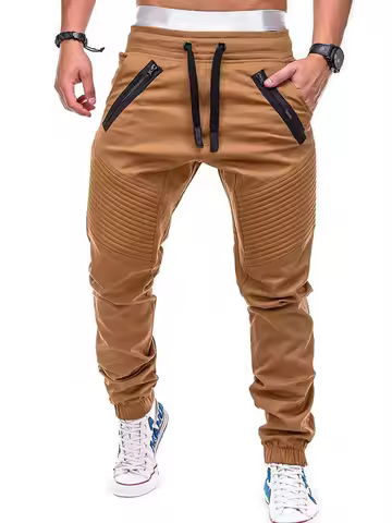 Men Pocket Long Pencil Pants Summer Low Elastic Waist Drawstring Zip Casual Slim Male Striped Harem 