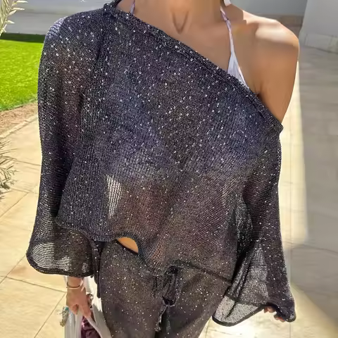 Women Beach Style Knitted Cover-ups Sleeveless T-shirt Sun Protection Pullover Cape Poncho Crop Tops