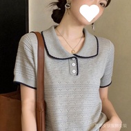 Taiwan Shipping Summer Top Women Hollow Doll Collar Ice Silk Plus Size Korean Version Age-Reducing V