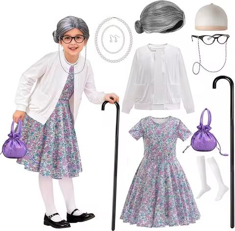Girl 100Days of School Grandma Costume Set For 3-12yr Girls Old women Costume and Accessories Carniv