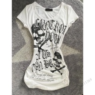 Womens Vintage Punk Rock Style High Street Skull Printแขนสั้นเสื้อยืดSlimming Top เสื้อยืด
