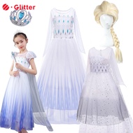 Dress For Kids Girl Frozen 2 Elsa Princess Costume Wig Crown White Baby Clothes Dresses Snow Queen Snowflake Costumes For Kid Girls Birthday Party Children Clothing