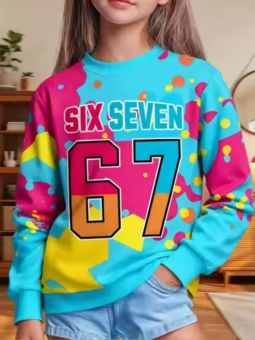 6 7 Meme Kids Girls Clothes Funny Digital Colorful Print Autumn Round Neck Sweatshirt Loose Tops Fas