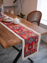 1入組幾何圖案流蘇裝飾桌旗復古布藝桌飾適用於餐桌